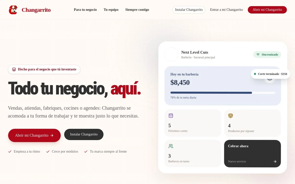 Página de Changarrito con una vista ilustrativa de gestión de barbería